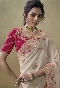 Embroidered Georgette Scalloped Saree in Off White