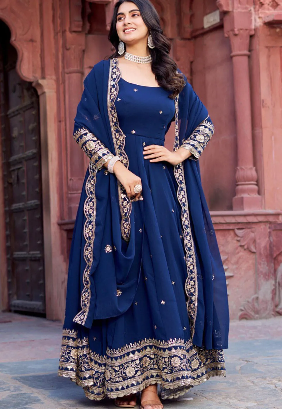 Embroidered Georgette Scalloped Abaya Style Suit in Navy Blue