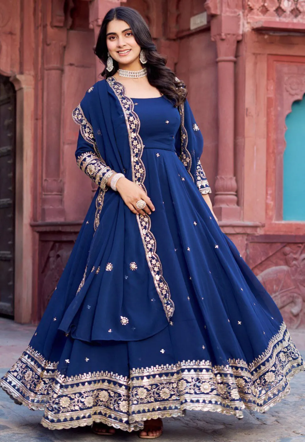 Embroidered Georgette Scalloped Abaya Style Suit in Navy Blue