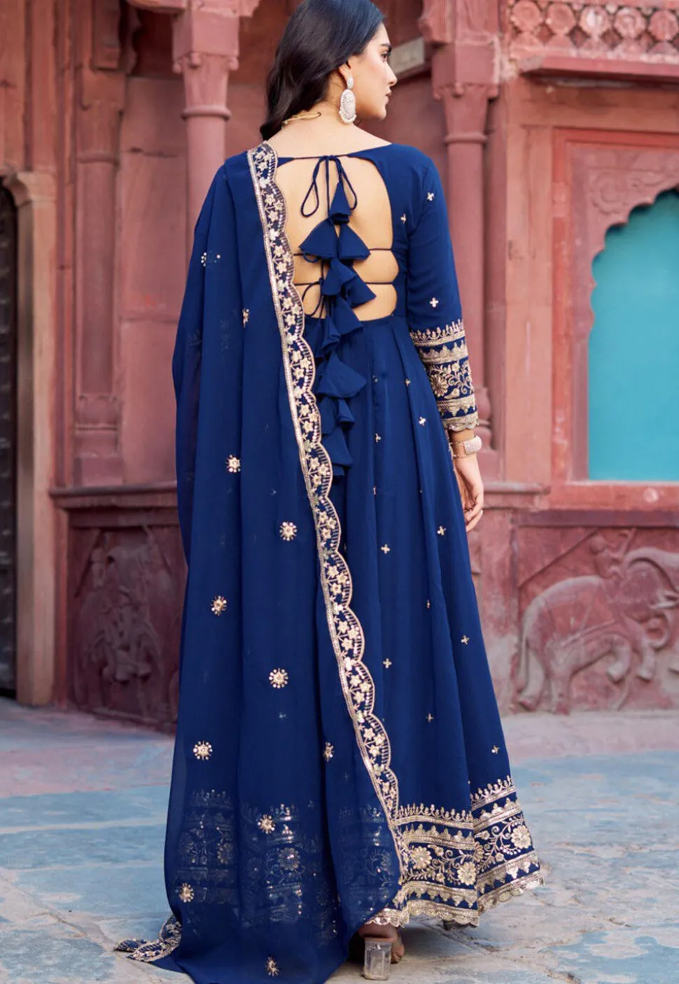 Embroidered Georgette Scalloped Abaya Style Suit in Navy Blue