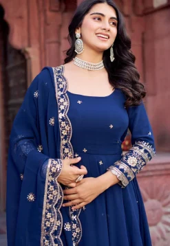 Embroidered Georgette Scalloped Abaya Style Suit in Navy Blue