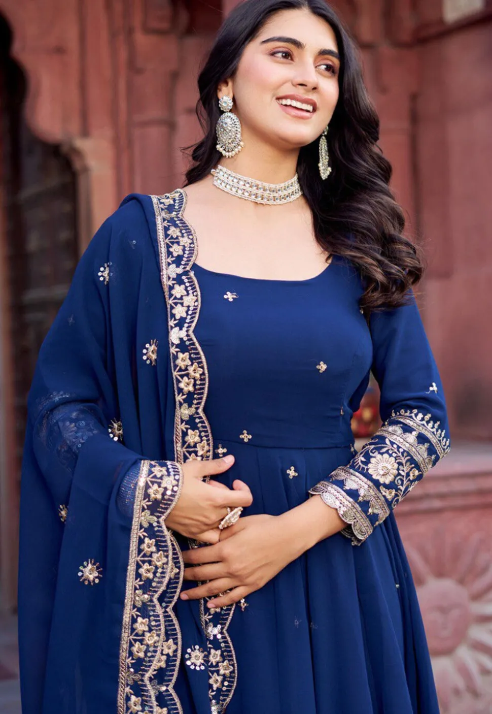 Embroidered Georgette Scalloped Abaya Style Suit in Navy Blue