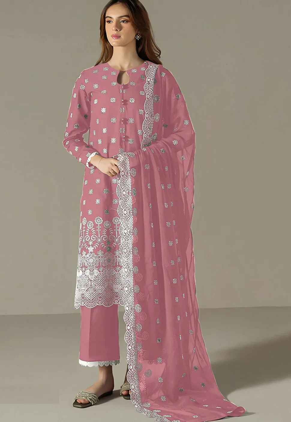 Embroidered Georgette Scalloped Pakistani Suit in Pink
