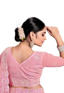 Embroidered Georgette Scalloped Saree in Peach