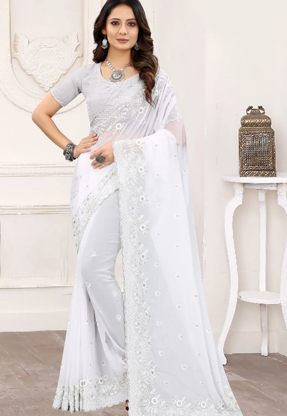 Embroidered Georgette Scalloped Saree in Off White