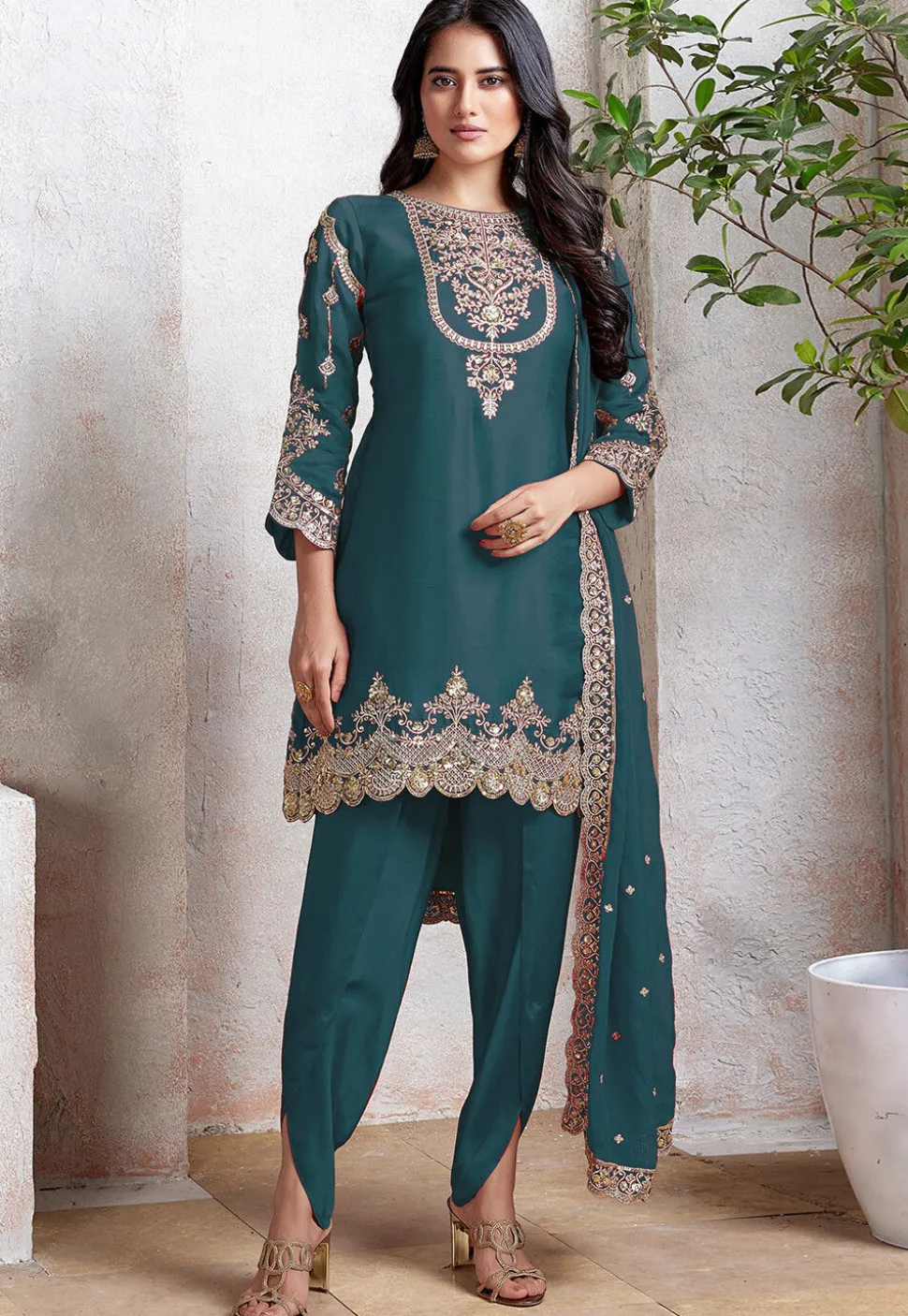 Embroidered Georgette Scalloped Punjabi Suit in Teal Blue