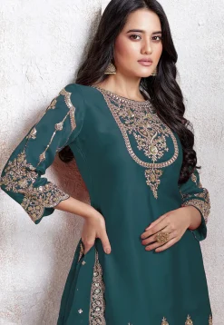 Embroidered Georgette Scalloped Punjabi Suit in Teal Blue