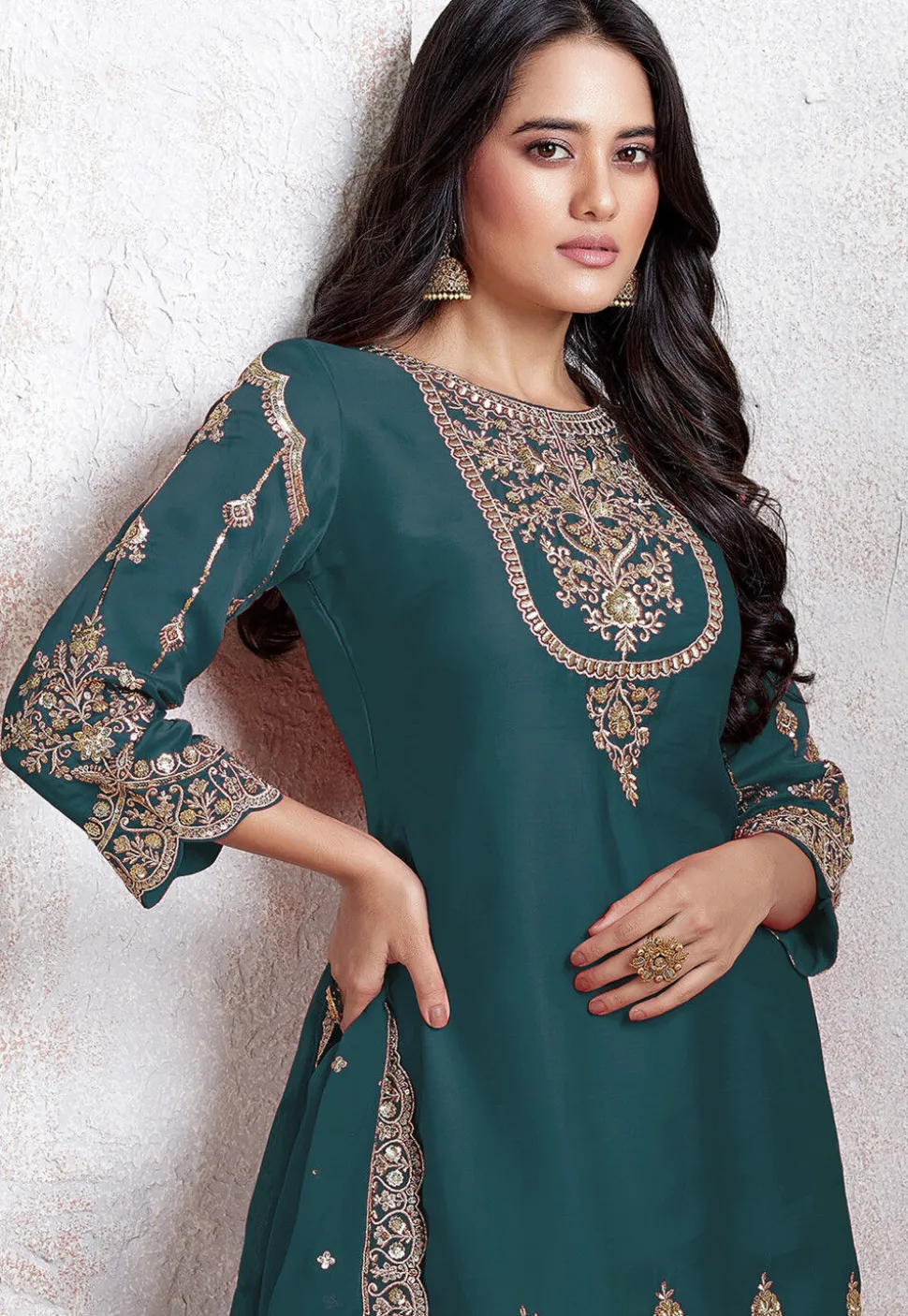 Embroidered Georgette Scalloped Punjabi Suit in Teal Blue