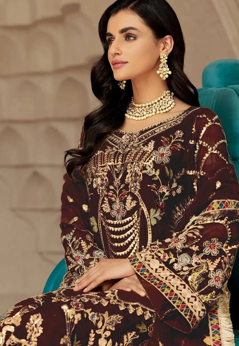 Embroidered Georgette Scalloped Pakistani Suit in Maroon