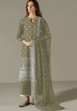 Embroidered Georgette Scalloped Pakistani Suit in Olive Green