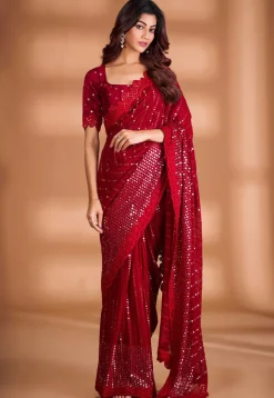 Embroidered Georgette Scalloped Saree in Maroon