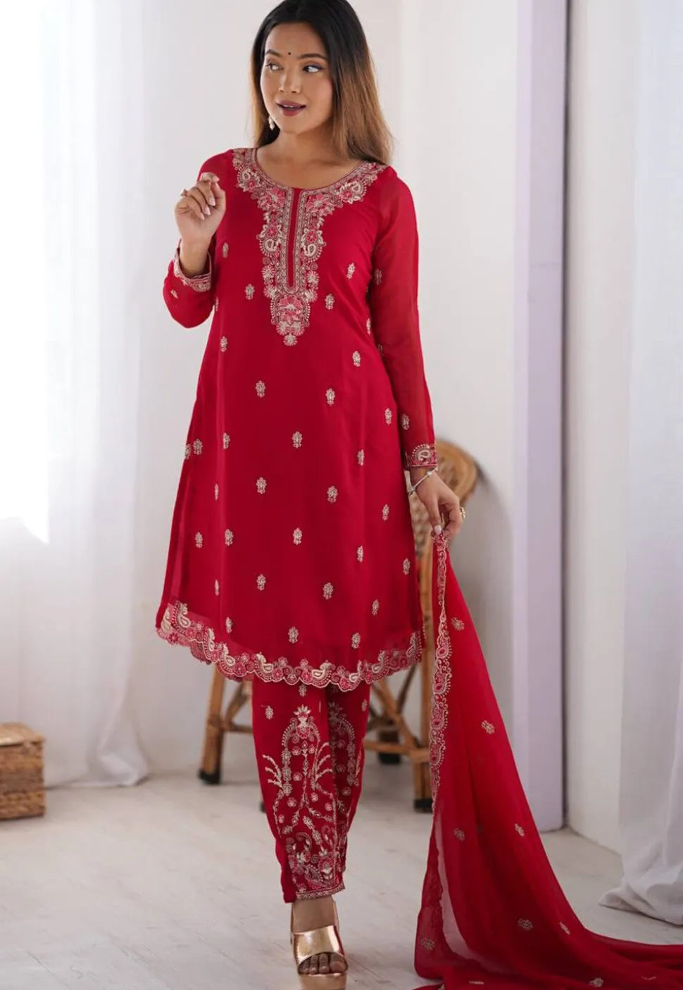 Embroidered Georgette Scalloped Pakistani Suit in Pink