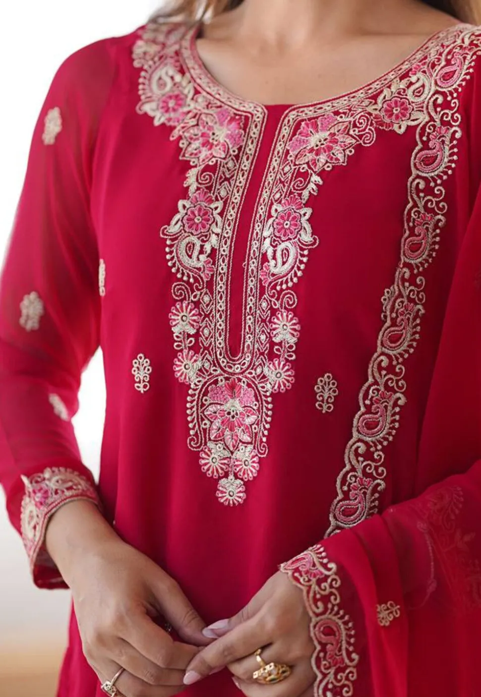 Embroidered Georgette Scalloped Pakistani Suit in Pink