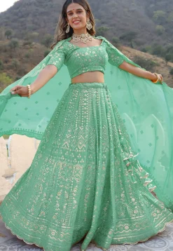 Embroidered  Georgette Scalloped Lehenga in Light Sea Green
