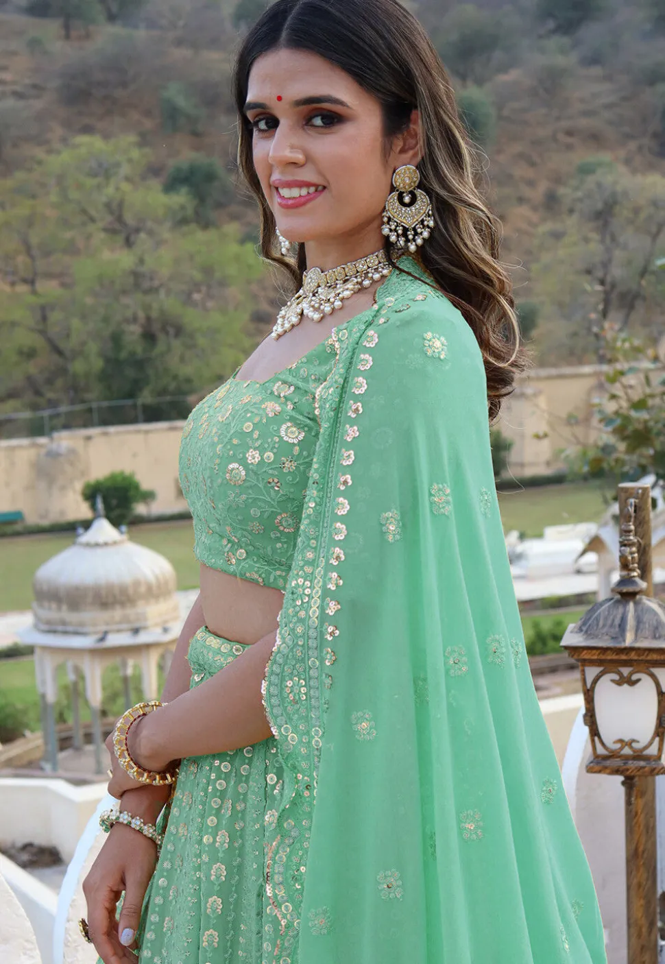 Embroidered Georgette Scalloped Lehenga in Light Sea Green