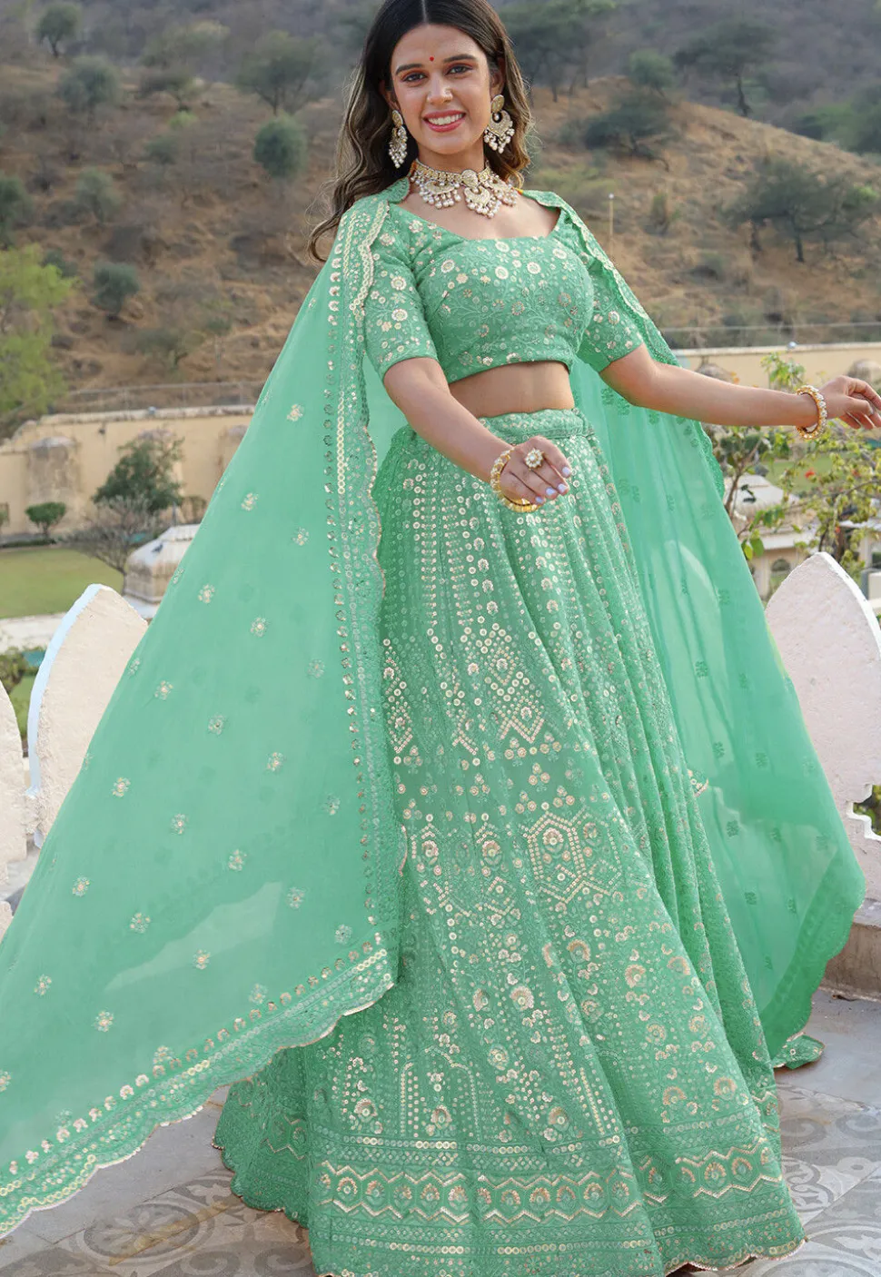 Embroidered Georgette Scalloped Lehenga in Light Sea Green