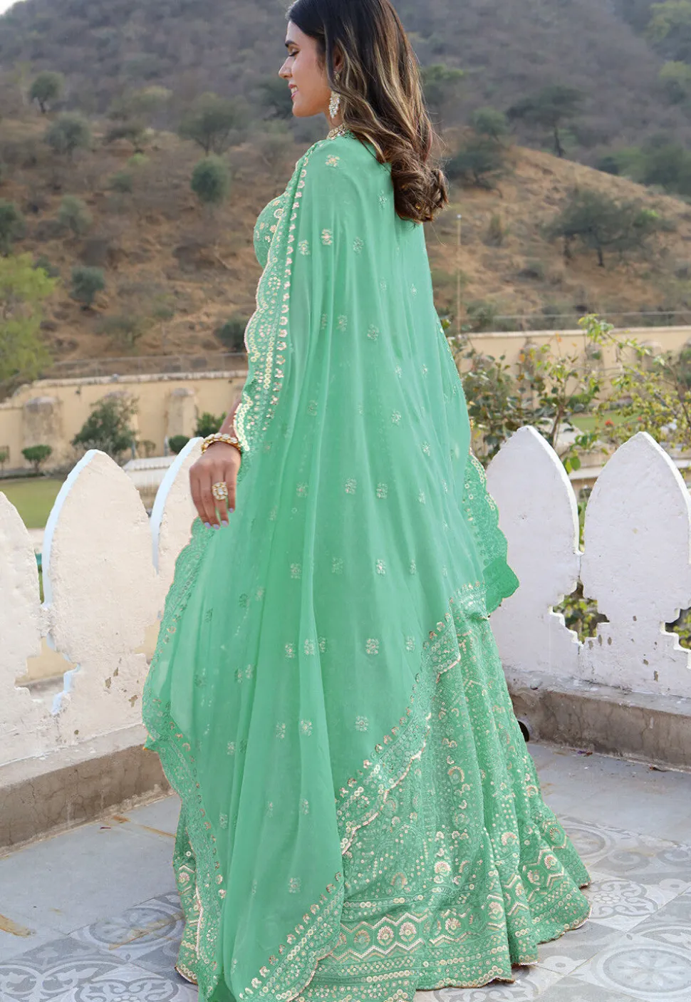 Embroidered Georgette Scalloped Lehenga in Light Sea Green