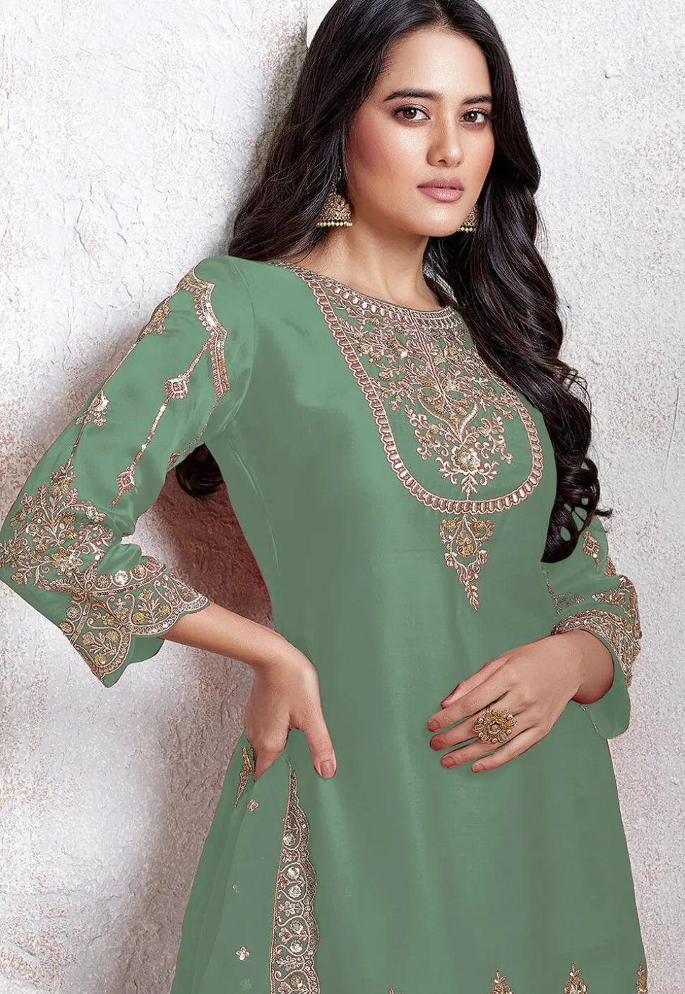 Embroidered Georgette Scalloped Punjabi Suit in Light Green