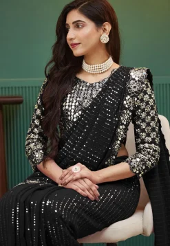 Embroidered Georgette Scalloped Saree in Black