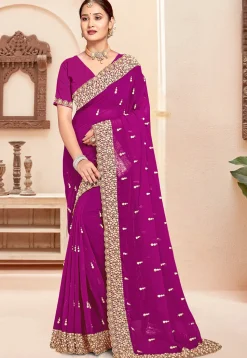 Embroidered Georgette Scalloped Saree in Purple
