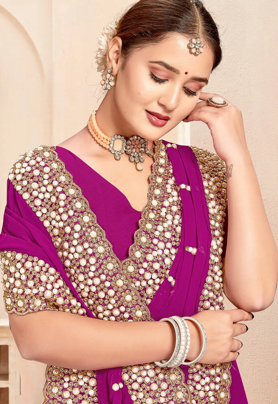 Embroidered Georgette Scalloped Saree in Purple
