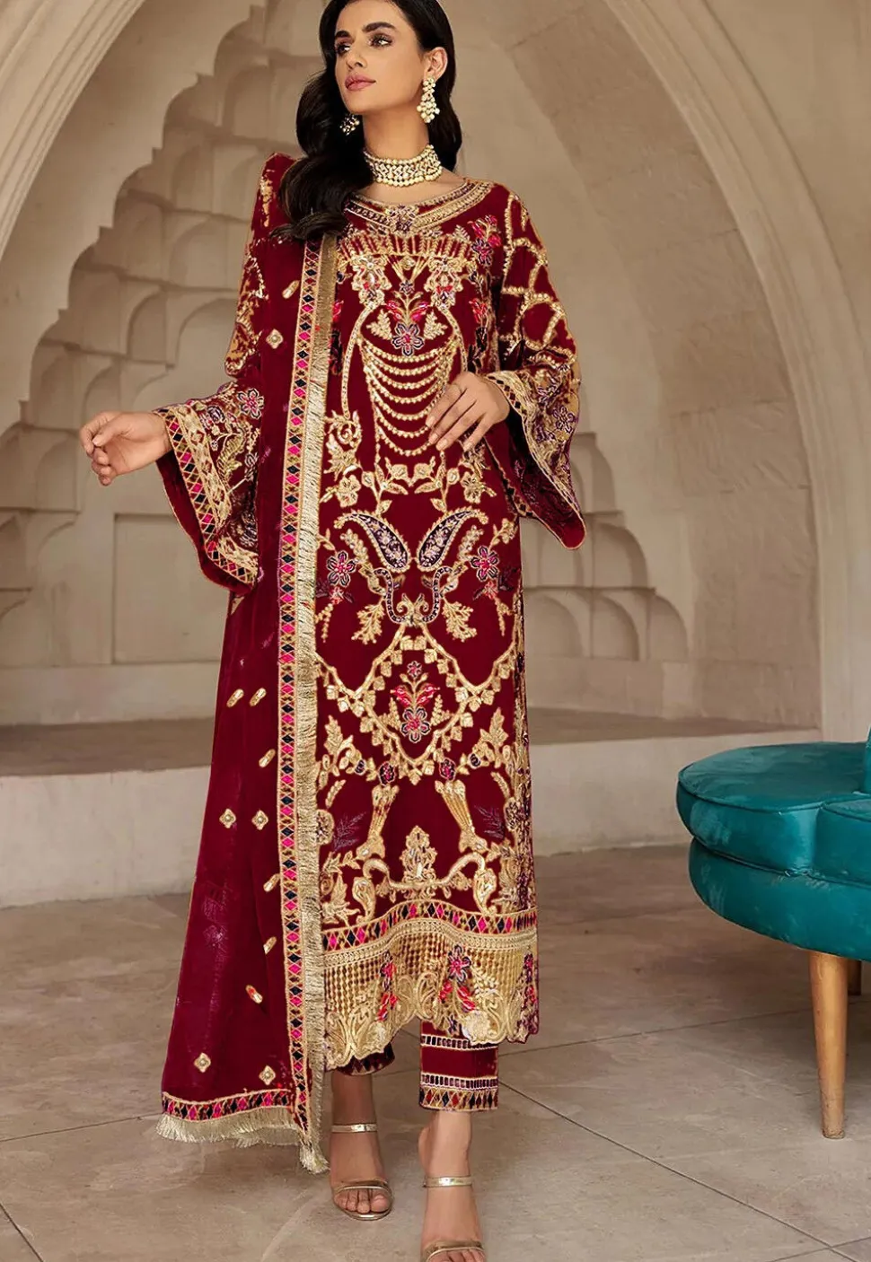 Embroidered Georgette Scalloped Pakistani Suit in Red