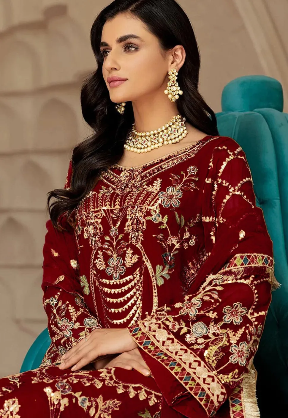 Embroidered Georgette Scalloped Pakistani Suit in Red