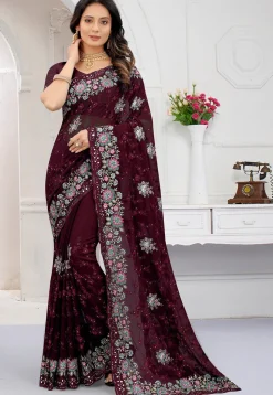 Embroidered Georgette Scalloped Saree in Wine