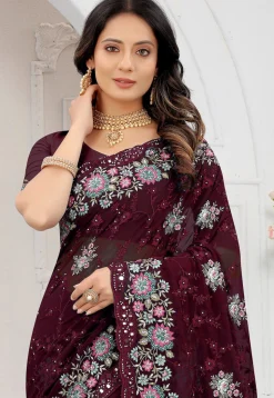 Embroidered Georgette Scalloped Saree in Wine