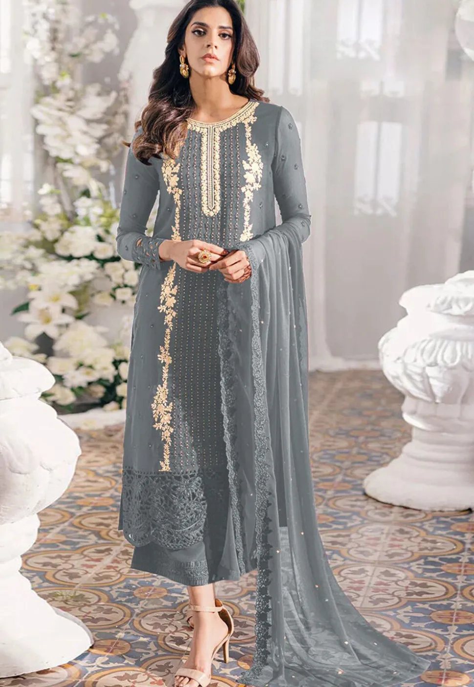 Embroidered Georgette Scalloped Pakistani Suit in Grey