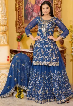 Embroidered Georgette Scalloped Lehenga in Teal Blue