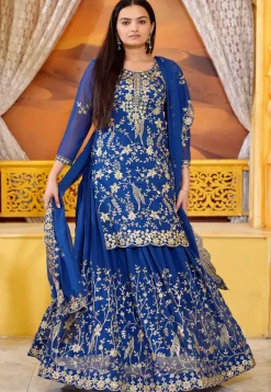 Embroidered Georgette Scalloped Lehenga in Teal Blue