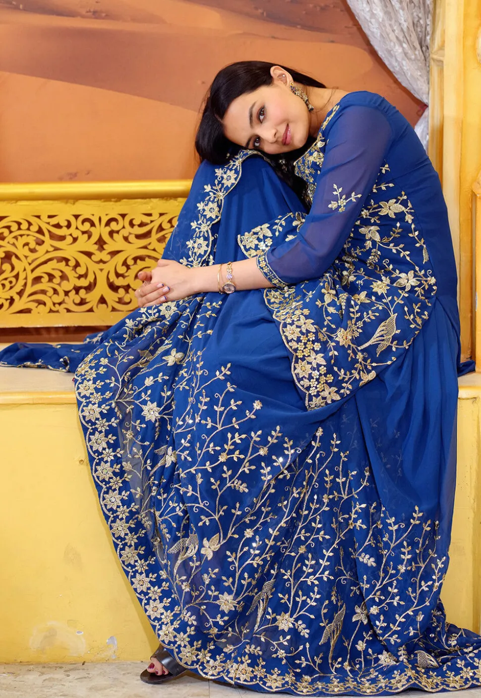 Embroidered Georgette Scalloped Lehenga in Teal Blue