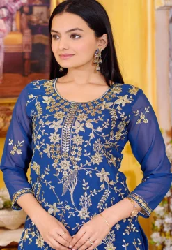 Embroidered Georgette Scalloped Lehenga in Teal Blue