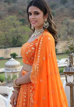 Embroidered  Georgette Scalloped Lehenga in Orange