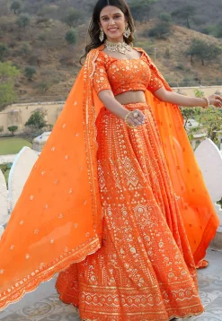 Embroidered Georgette Scalloped Lehenga in Orange