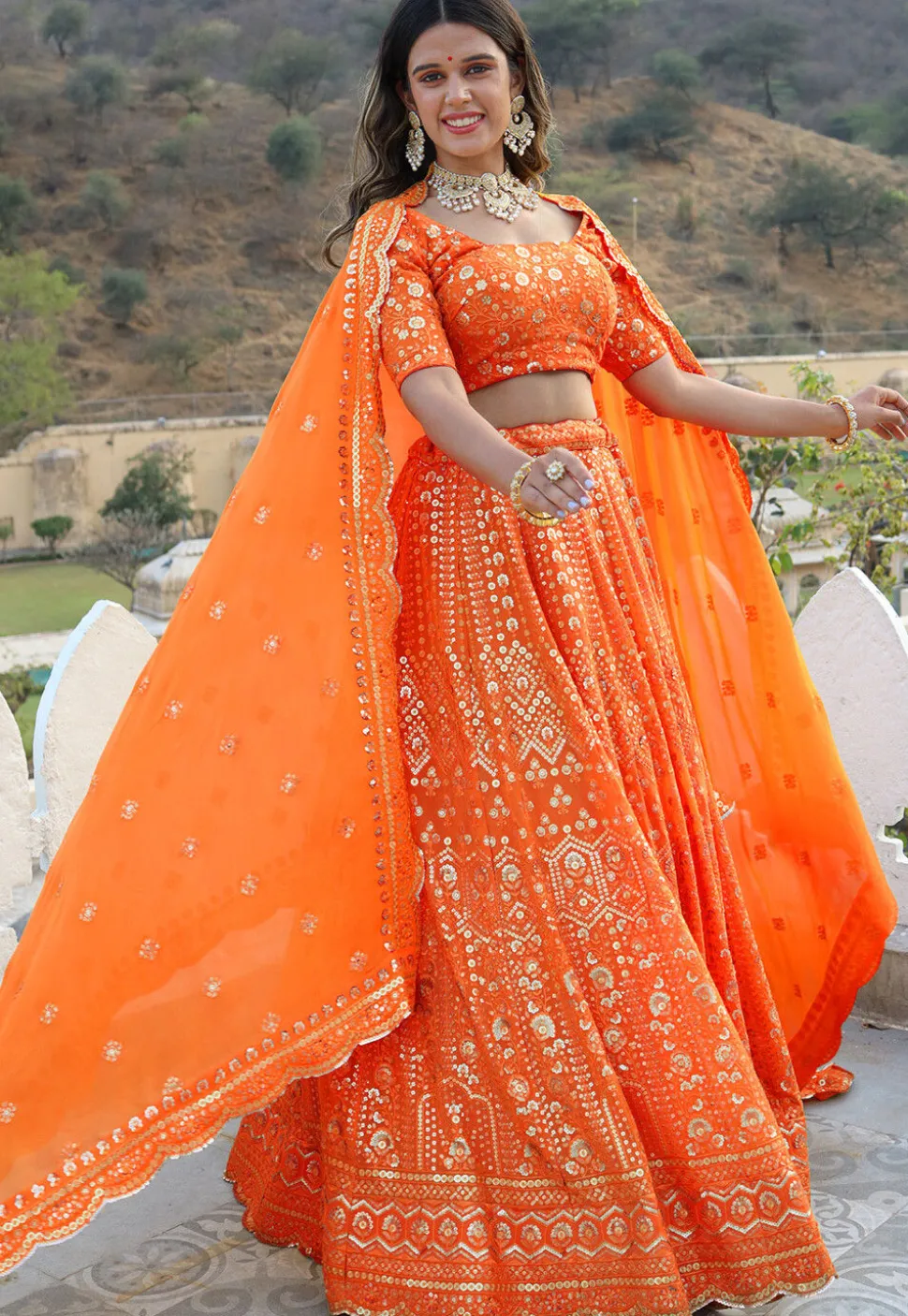 Embroidered Georgette Scalloped Lehenga in Orange