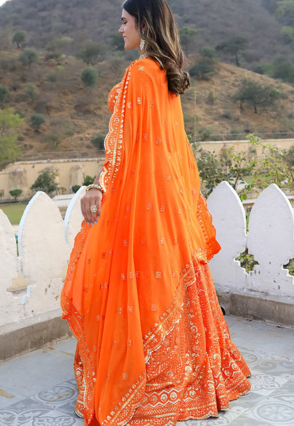 Embroidered Georgette Scalloped Lehenga in Orange