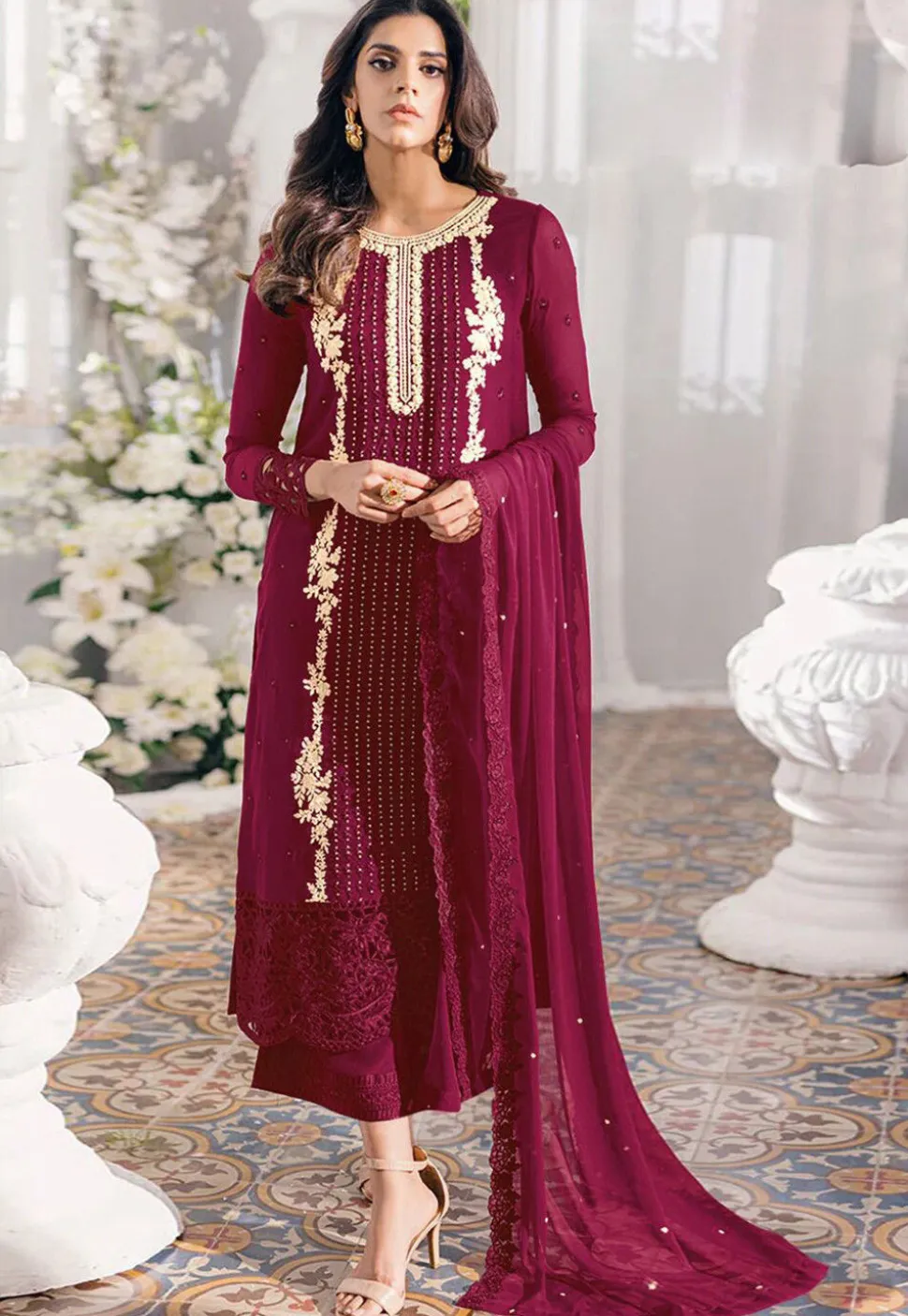 Embroidered Georgette Scalloped Pakistani Suit in Maroon