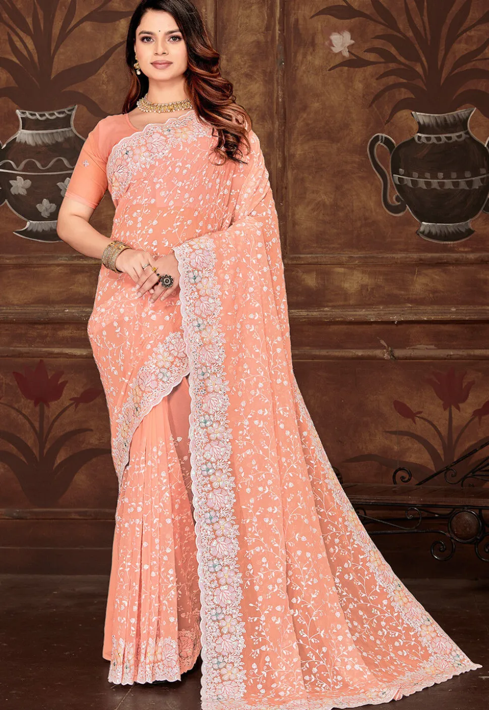 Embroidered Georgette Scalloped Saree in Orange
