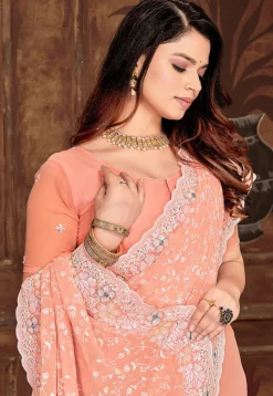 Embroidered Georgette Scalloped Saree in Orange