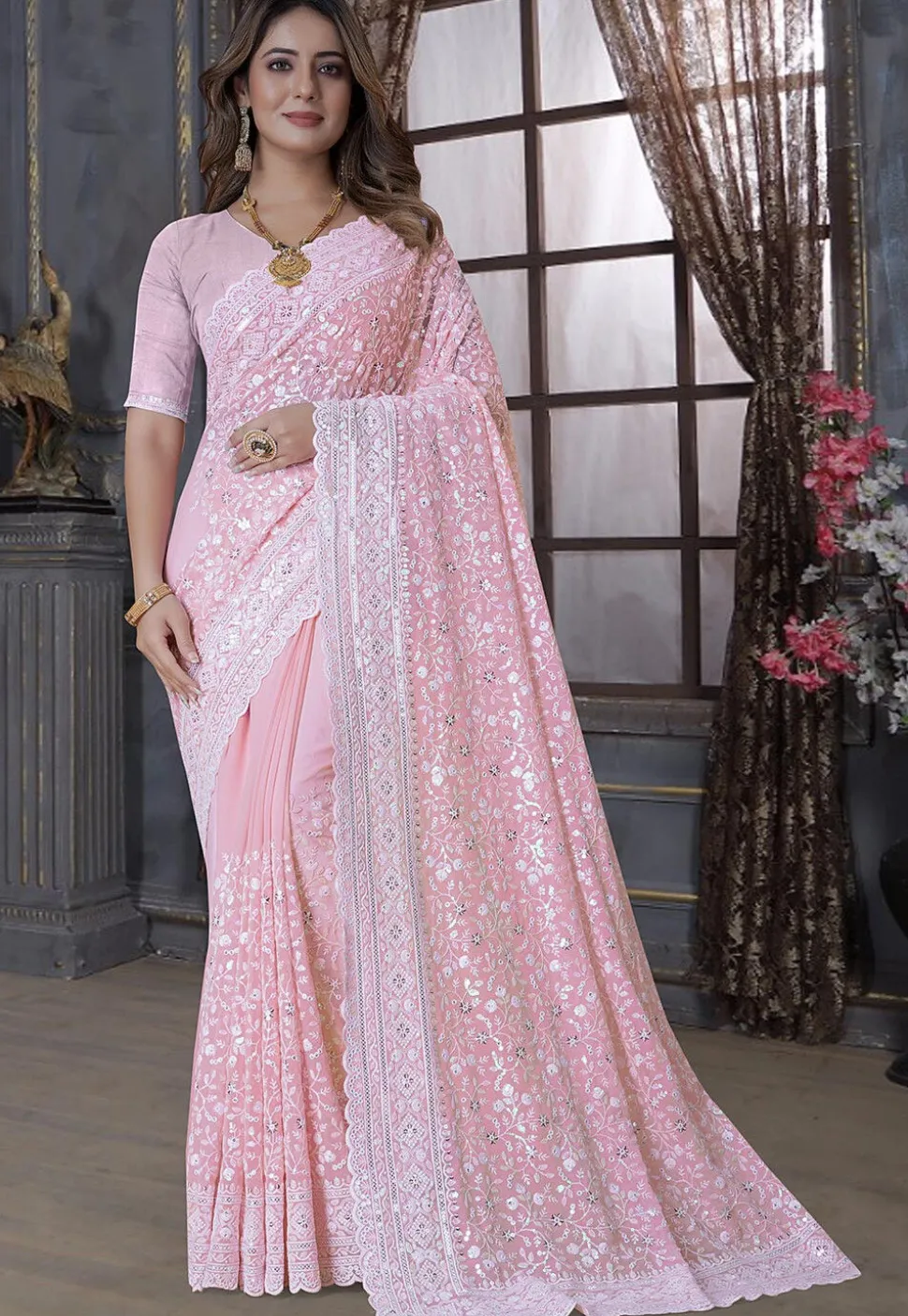 Embroidered Georgette Scalloped Saree in Peach