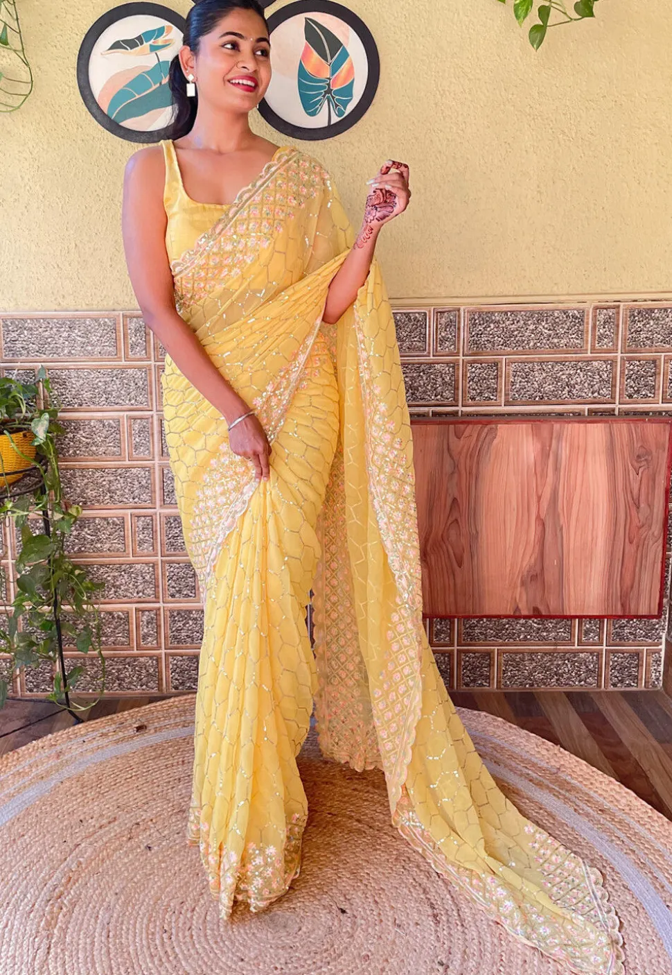 Embroidered Georgette Scalloped Saree in Yellow