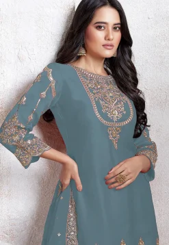 Embroidered Georgette Scalloped Punjabi Suit in Dusty Blue