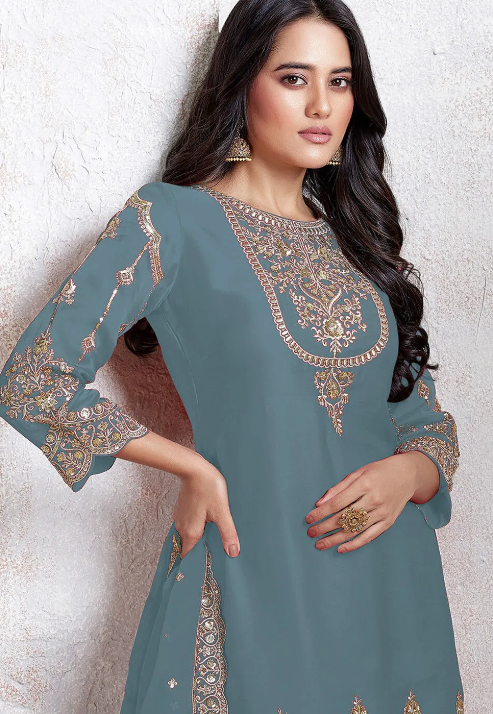 Embroidered Georgette Scalloped Punjabi Suit in Dusty Blue