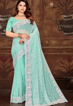Embroidered Georgette Scalloped Saree in Sea Green
