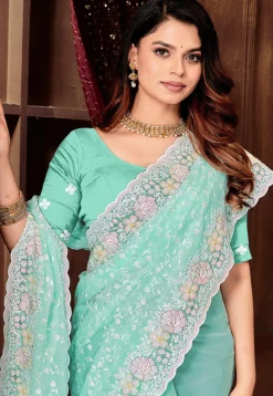 Embroidered Georgette Scalloped Saree in Sea Green