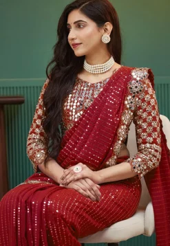 Embroidered Georgette Scalloped Saree in Red