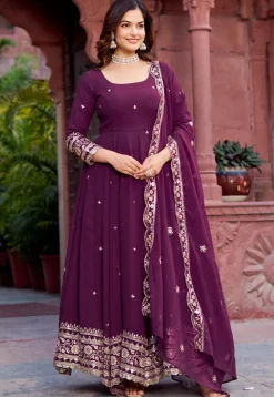 Embroidered Georgette Scalloped Abaya Style Suit in Purple