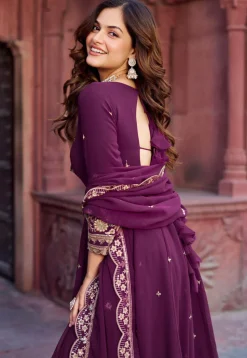 Embroidered Georgette Scalloped Abaya Style Suit in Purple